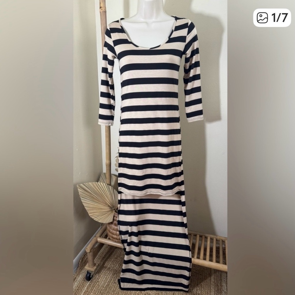 Black and Cream Striped High Low Dress